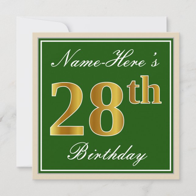 Invitación Elegante, verde, falso oro 28 cumpleaños + nombre (Anverso)