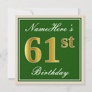 Invitación Elegante, verde, falso oro 61 cumpleaños + nombre