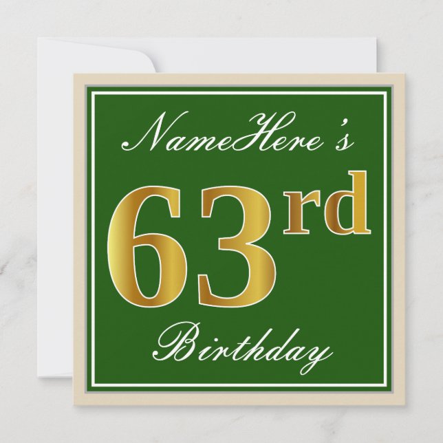 Invitación Elegante, verde, falso oro 63 cumpleaños + nombre (Anverso)