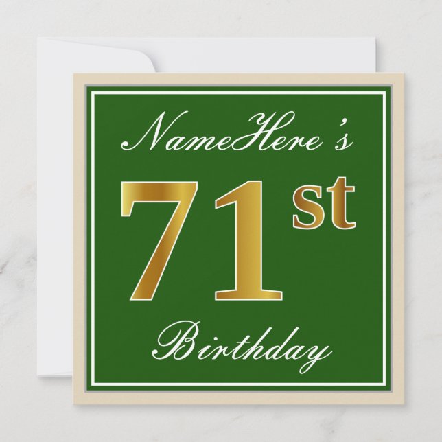 Invitación Elegante, verde, falso oro 71 cumpleaños + nombre (Anverso)