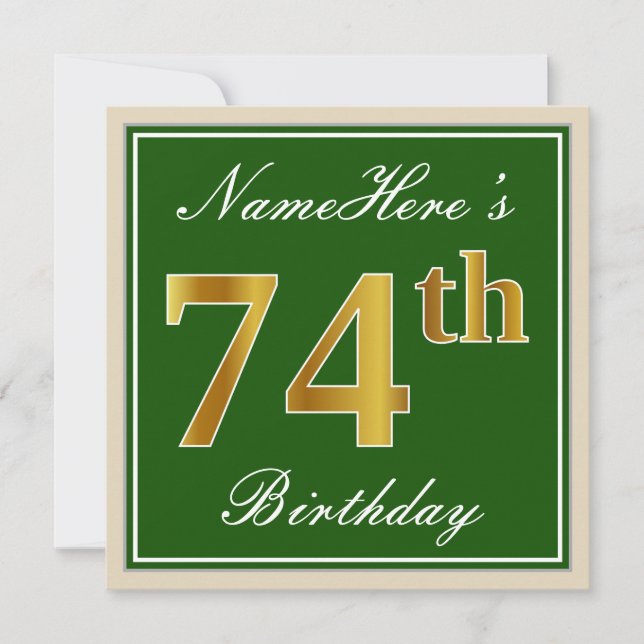 Invitación Elegante, verde, falso oro 74 cumpleaños + nombre (Anverso)