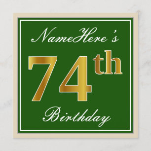 Invitación Elegante, verde, falso oro 74 cumpleaños + nombre