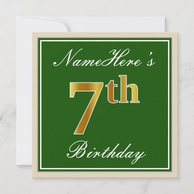 Invitación Elegante, verde, falso oro 7 cumpleaños + nombre (Anverso)