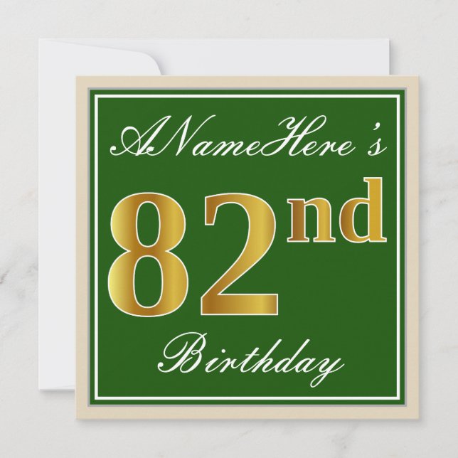 Invitación Elegante, verde, falso oro 82 cumpleaños + nombre (Anverso)