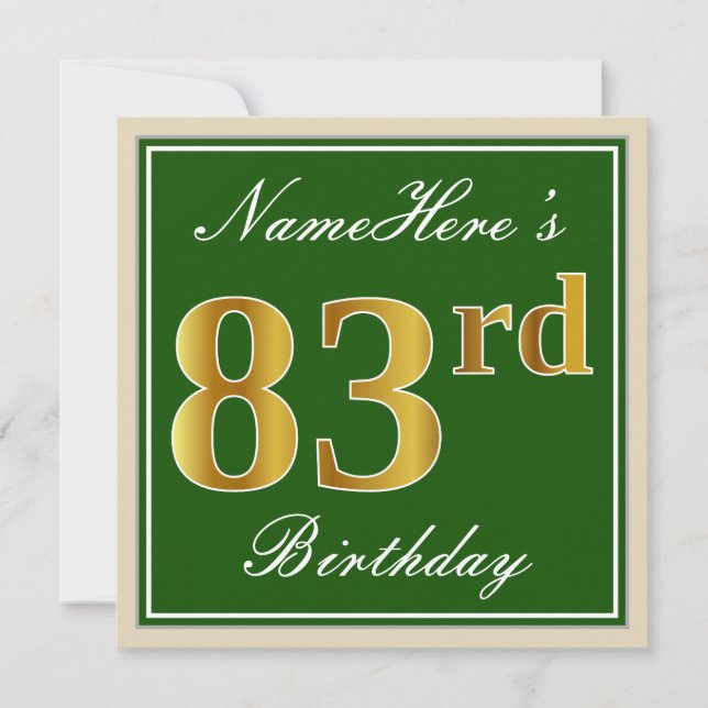 Invitación Elegante, verde, falso oro 83 cumpleaños + nombre (Anverso)
