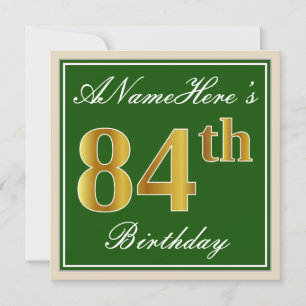 Invitación Elegante, verde, falso oro 84º cumpleaños + nombre