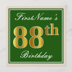 Invitación Elegante, verde, falso oro 88º cumpleaños + nombre