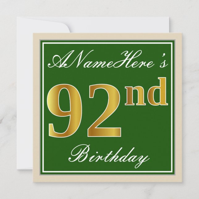 Invitación Elegante, verde, falso oro 92 cumpleaños + nombre (Anverso)