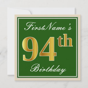 Invitación Elegante, verde, falso oro 94 cumpleaños + nombre