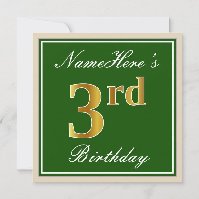 Invitación Elegante, verde, falso oro tercer cumpleaños + nom (Anverso)