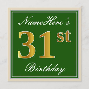 Invitación Elegante, Verde, Faux Gold 31 cumpleaños + Nombre