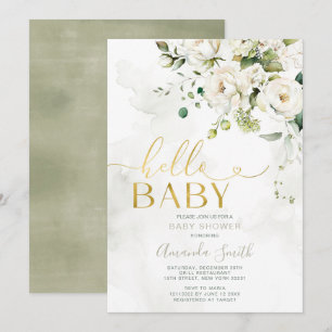 Invitación Elegante verde Floral blanca oro Hola bebé