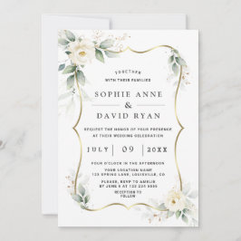 Invitación Elegante verde Flores blancas Boda de oro