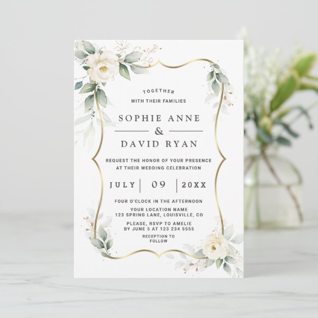 Invitación Elegante verde Flores blancas Boda de oro (Anverso de pie)