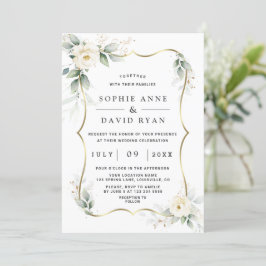 Invitación Elegante verde Flores blancas Boda de oro
