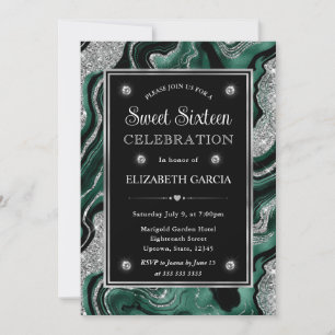 Invitación Elegante verde Foil y Glitter de Plata Agata Dulce