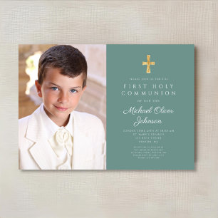 Invitación Elegante Verde Foto Niño Primera Comunión