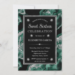 Invitación Elegante verde hoja y purpurina de plata Agata Dul