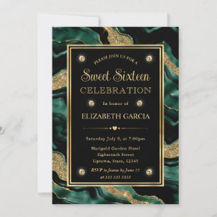 Invitación Elegante Verde Holograma y Purpurina Dorada Agata 