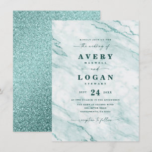 Invitación Elegante Verde Mármol Verde y Boda Purpurina