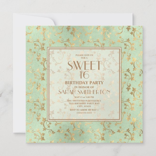 Invitación Elegante Verde Menta Dorado Cumpleaños 16 (Anverso)