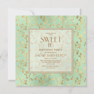 Invitación Elegante Verde Menta Dorado Cumpleaños 16
