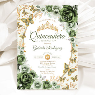 Invitación Elegante Verde Menta Dorado Floral Quinceañera