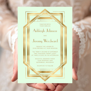 Invitación Elegante Verde Menta Dorado Vintage Años 20 Deco B