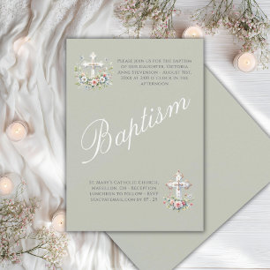 Invitación Elegante Verde Menta Religioso Bautizo de Bebé