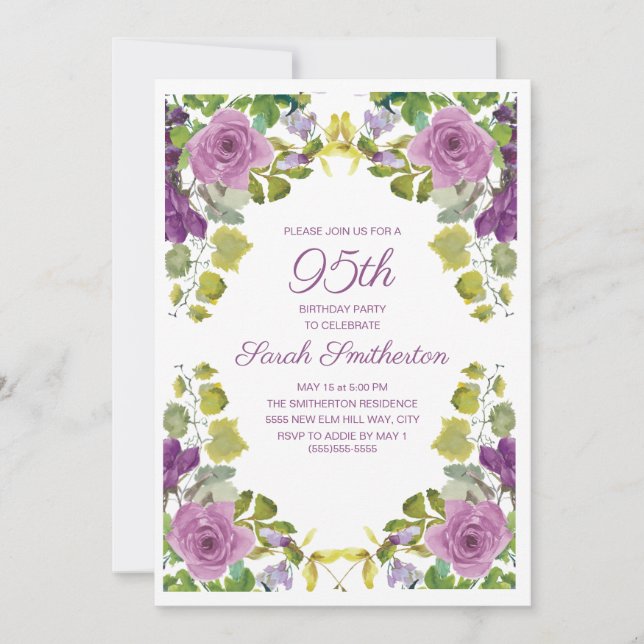 Invitación Elegante Verde Morado Floral Vinos 95 cumpleaños (Anverso)