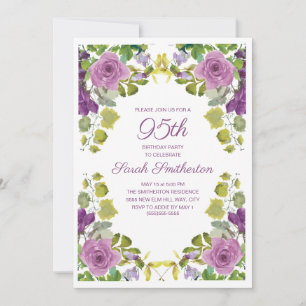 Invitación Elegante Verde Morado Floral Vinos 95 cumpleaños