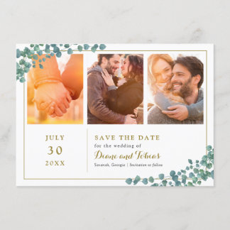 Invitación Elegante verde multifoto Guardar fecha