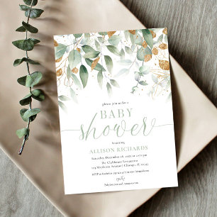 Invitación Elegante verde neutro género ducha de bebé de oro