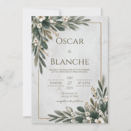 Invitación Elegante Verde Oliva Dorado Marco Mármol Boda