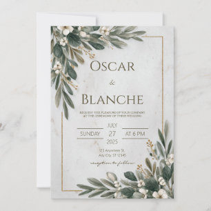 Invitación Elegante Verde Oliva Dorado Marco Mármol Boda