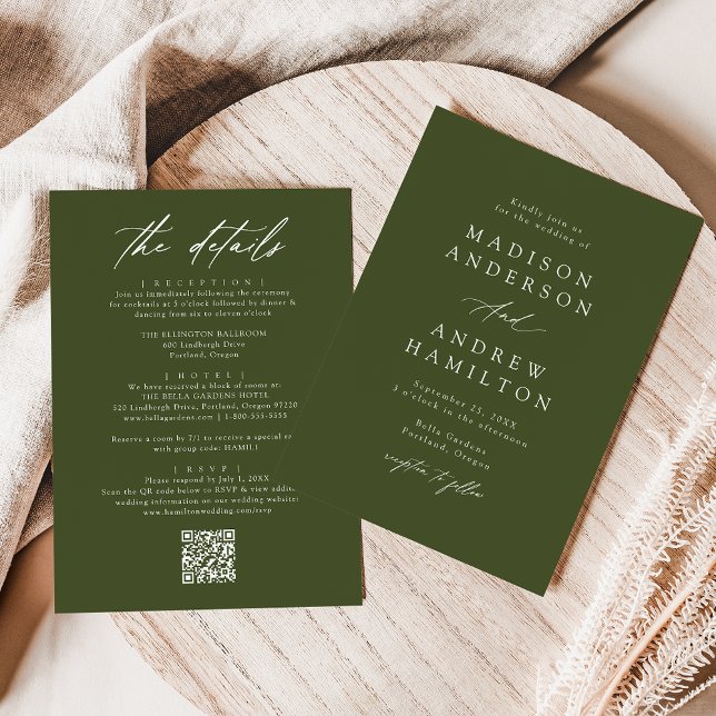 Invitación Elegante verde oliva todo en un Boda de código QR (Subido por el creador)