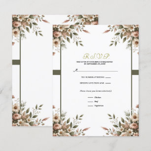 Invitación Elegante Verde Oliva y Floral Blanco en la Esquina