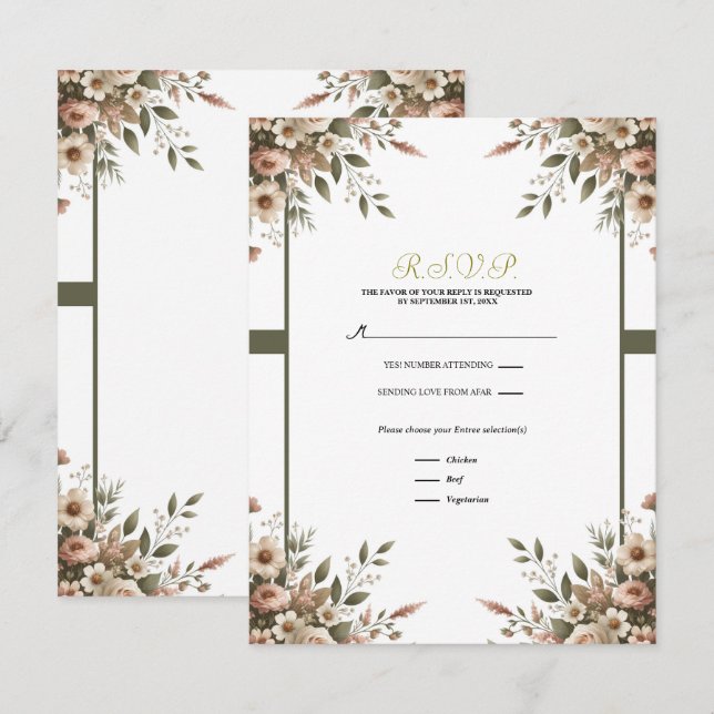 Invitación Elegante Verde Oliva y Floral Blanco Esquina RSVP (Anverso / Reverso)