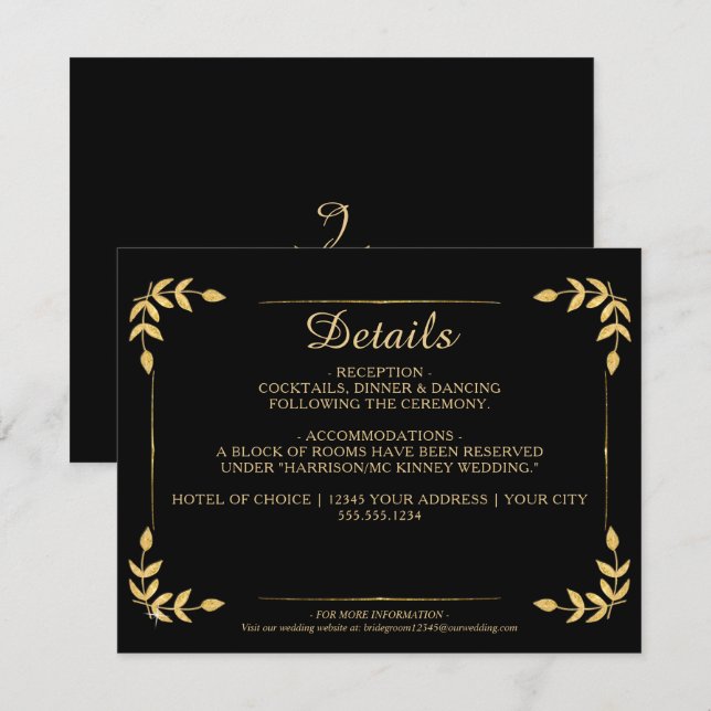 Invitación Elegante verde oro Boda negro detalles (Anverso / Reverso)