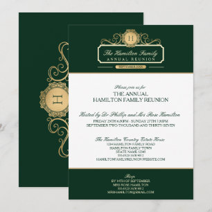 Invitación Elegante Verde Oro Monograma Reunión Familiar