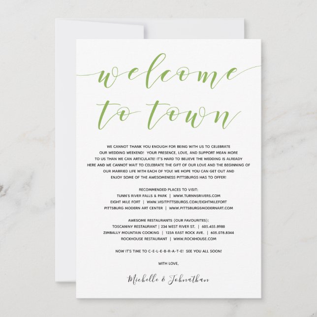 Invitación Elegante verde oscuro Bienvenido a la ciudad (Anverso)