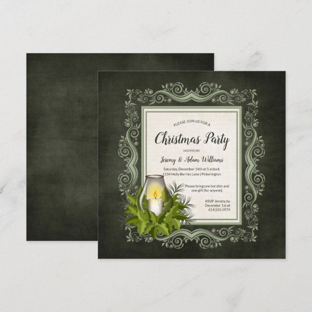 Invitación Elegante verde oscuro con Fiesta de Navidades de v (Anverso / Reverso)