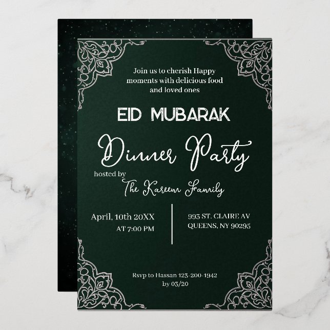 Invitación elegante verde oscuro EID MUBARAK (Anverso/Reverso)