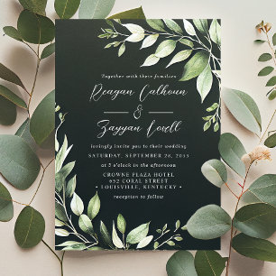 Invitación Elegante Verde Oscuro Follaje Hojas Guion Boda