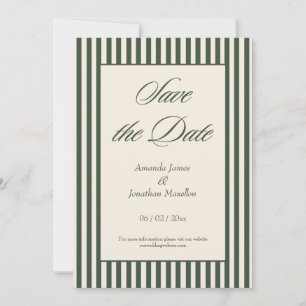 Invitación Elegante Verde Oscuro y Rayas de Crema Save the Da