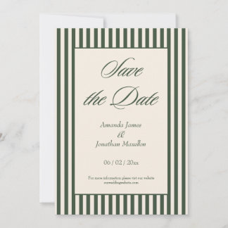 Invitación Elegante Verde Oscuro y Rayas de Crema Save the Da