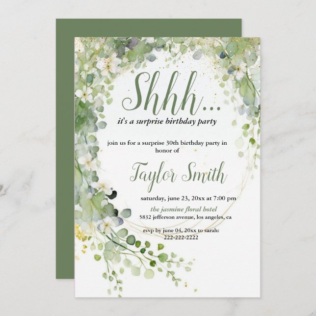 Invitación elegante verde para fiesta sorpresa flo (Anverso / Reverso)