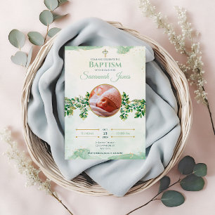 Invitación Elegante verde Personalizado floral foto bautismo