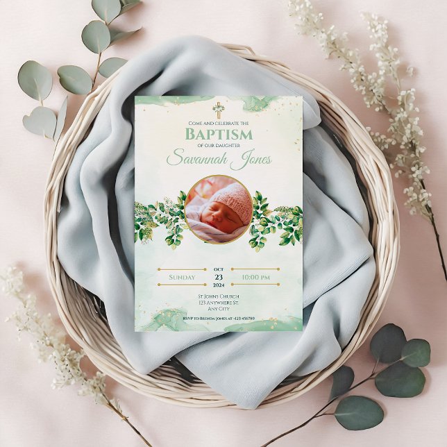 Invitación Elegante verde Personalizado floral foto bautismo (Subido por el creador)