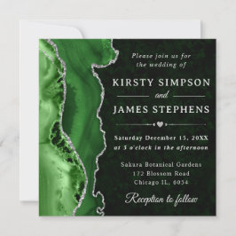 Invitación Elegante Verde Plata Brillo Agata Boda